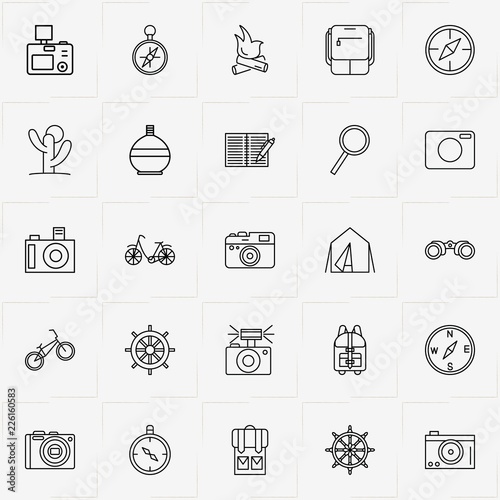 Adventure line icon set with bonfire, hand wheel and exercise book