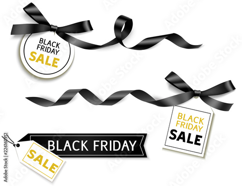 Decorative horizontal black ribbon with bow and sale tag for black friday sale design. Vector decoration and label