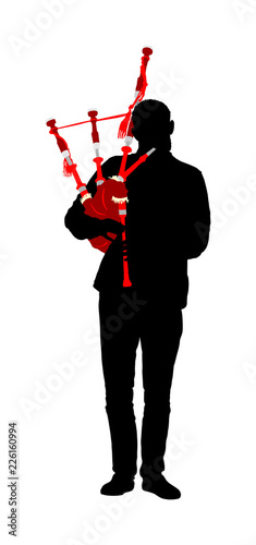 Bagpiper vector silhouette illustration isolated on white background. Street perform. Music performer play on traditional instrument. Bagpipe, pipes vector.