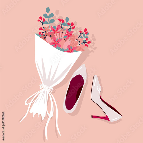 Brides wedding shoes with a bouquet, vector illustration.