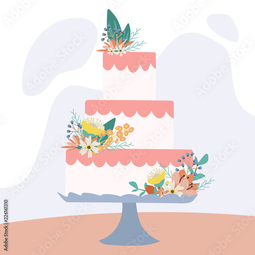 Wedding cake, birthday cake design with flower, vector illustration.