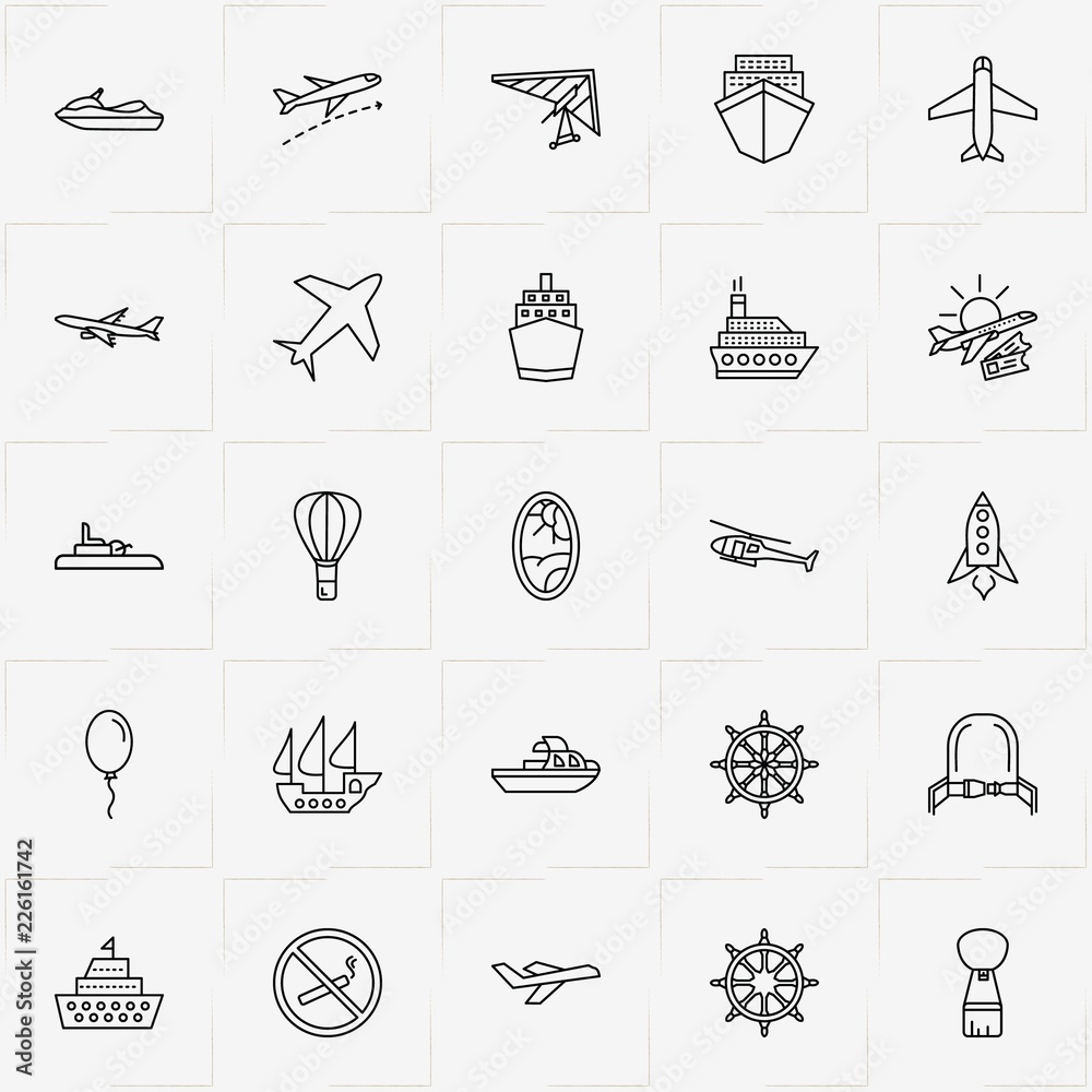 Air And Water Transport line icon set with helicopter, airplane porthole and yacht