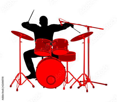 Drummer player vector silhouette. Rock and roll band artist vector silhouette illustration. Musician play drums on stage. Super star music concert show. Great event for fan supporters. 