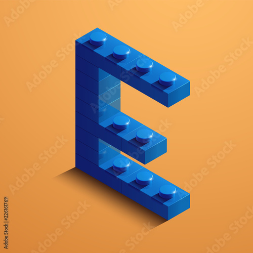3d isometric letter E of the alphabet from bricks. 3d isometric plastic letter from the blocks