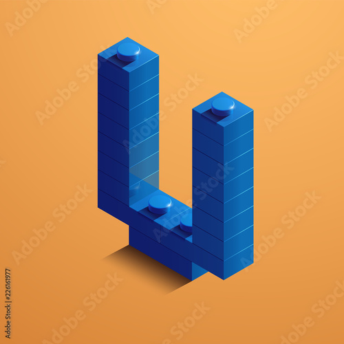 3d isometric letter V of the alphabet from bricks. 3d isometric plastic letter from the blocks