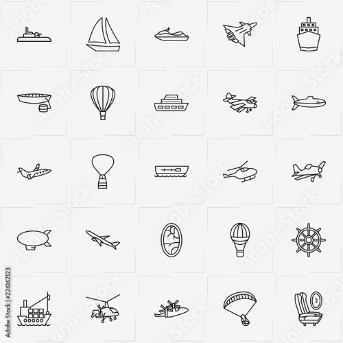 Air And Water Transport line icon set with submarine, boat and airplane porthole with seats