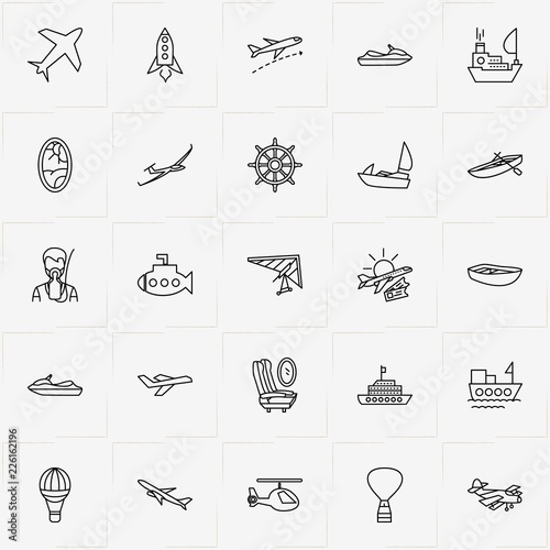 Air And Water Transport line icon set with hang glider, submarine and hand wheel