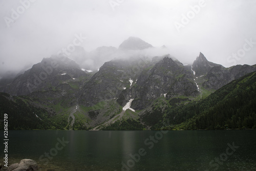 View on Tatra mountains from Morskie Oko  Poland  heavy fog