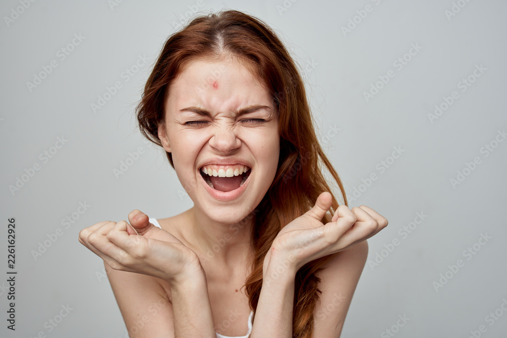 joyful woman eyes closed on face acne skin problem joyful woman eyes closed on face acne skin problem