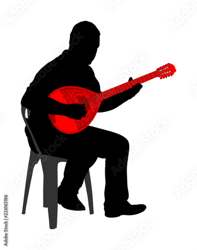 Bouzouki player vector silhouette illustration. Street performer. Greek traditional string instrument. Folklore performer on the street. Greece folk event. Baglama, zurna, Turkish oriental performer.
