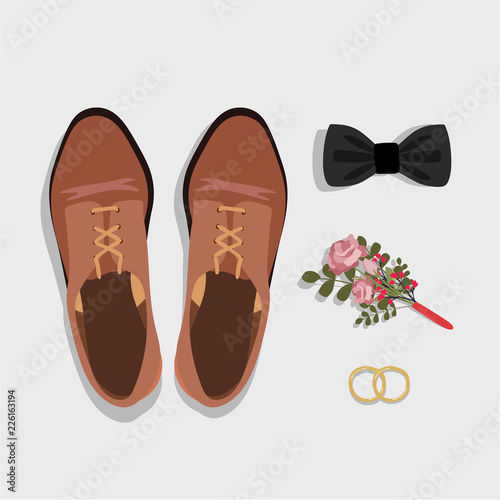 Groom wedding shoes with a bow and rings, vector illustration.