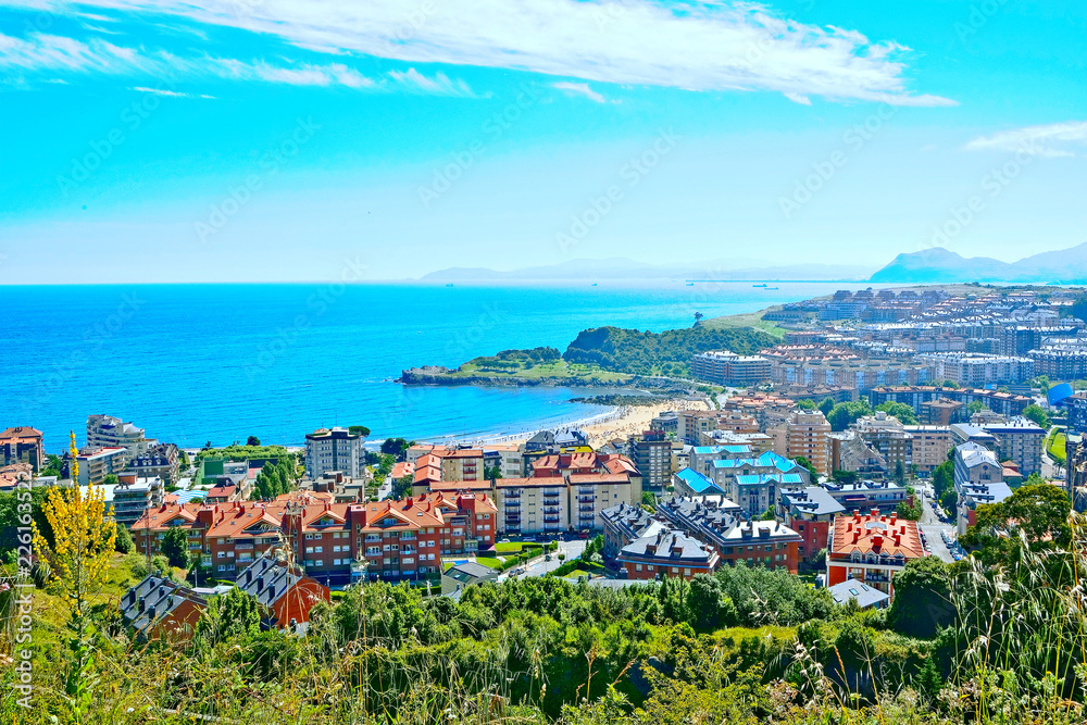 Bright landscape of the Mediterranean town. Spain. Castro Urdiales. Top view