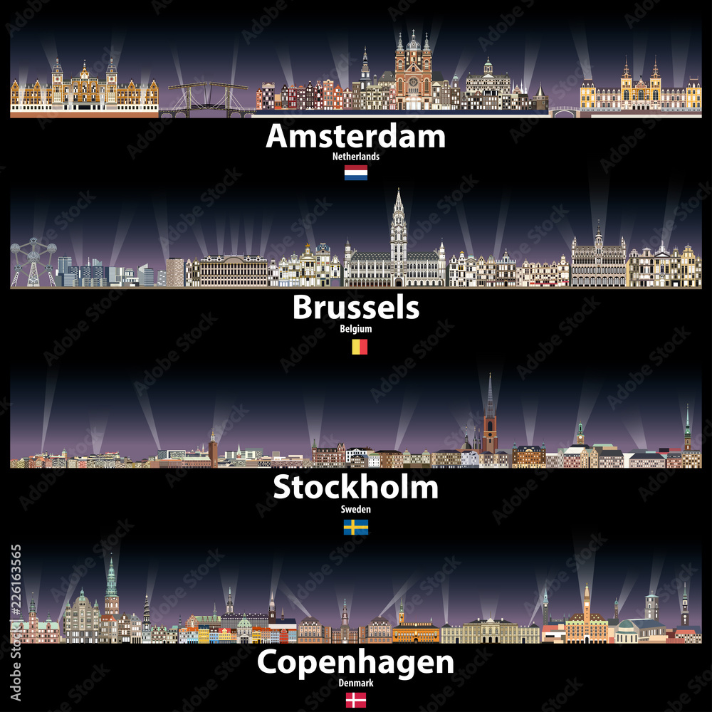 Fototapeta premium Amsterdam, Bruksela, Sztokholm i Kopenhaga wektor abstrakcyjne panoramy w nocy z jasnymi światłami miasta