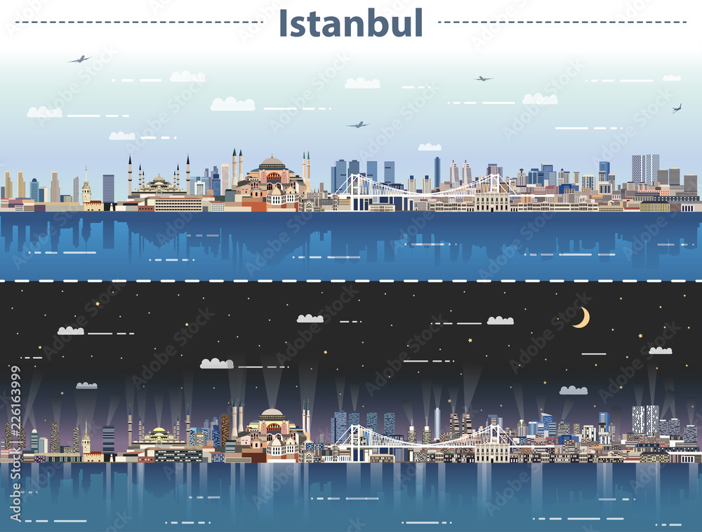 Obraz premium Istanbul city skyline at day and night vector illustration