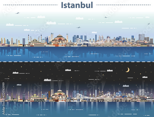 Istanbul city skyline at day and night vector illustration