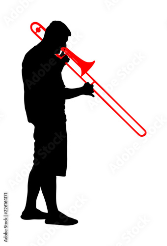 Trombone player vector silhouette illustration. Music man play wind instrument. Music artist. Jazz man. Bugler street performer. Musician play trumpet. Entertainment for public. Classic music event.