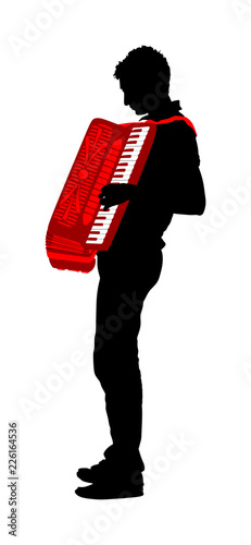 Musician accordion man vector silhouette Illustration isolated on white background. Music event on the public. Street performer amusement public.  Music artist. Jazz man. 