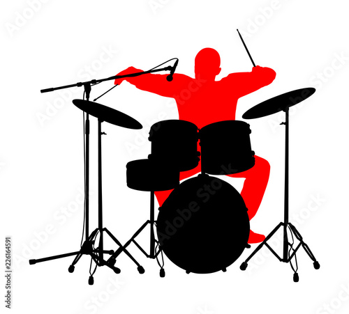 Drummer player vector silhouette. Rock and roll band artist vector silhouette illustration. Musician play drums on stage. Super star music concert show. Great event for fan supporters. 