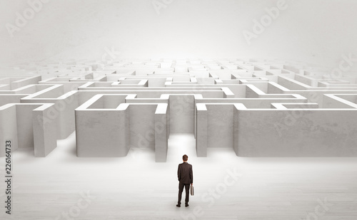 Businessman trying to decide which entrance to choose at the maze 