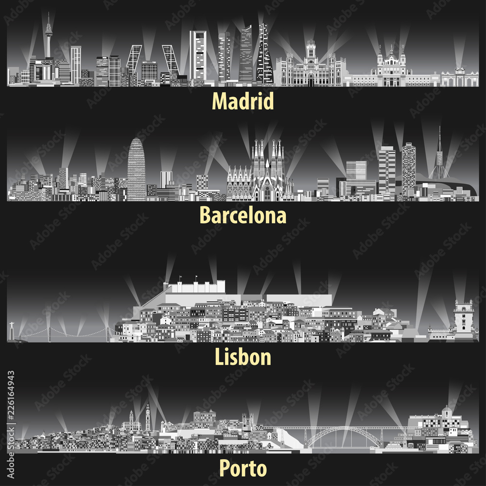 Madrid, Barcelona, Lisbon and Porto cities skylines at night in grey tints color palette. Vector illustrations