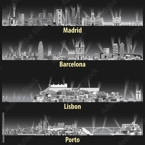 Madrid, Barcelona, Lisbon and Porto cities skylines at night in grey tints color palette. Vector illustrations