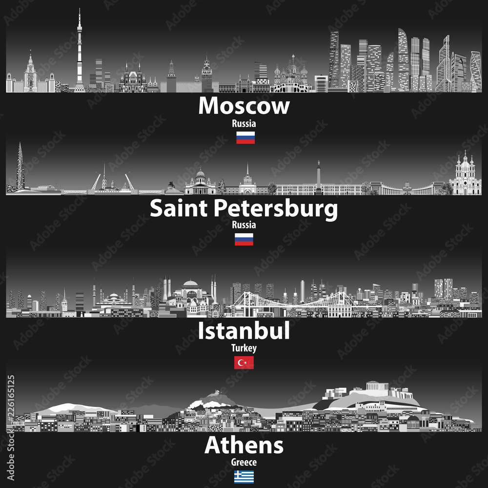 Moscow, Saint Petersburg, Istanbul and Athens skylines at night in grey scales color palette. Vector illustrations