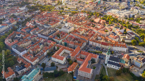 Top aerial view to old town with market square of Kalisz, Poland.