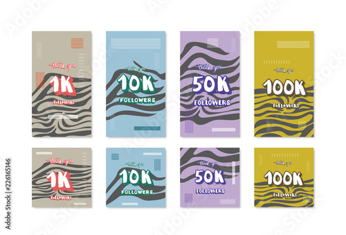 1K, 10K, 50K, 100K followers thank you cards. Vector social media template.