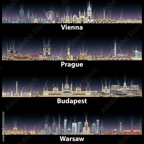Vienna, Prague, Budapest and Warsaw cities skylines at night. Vector illustrations #226165364