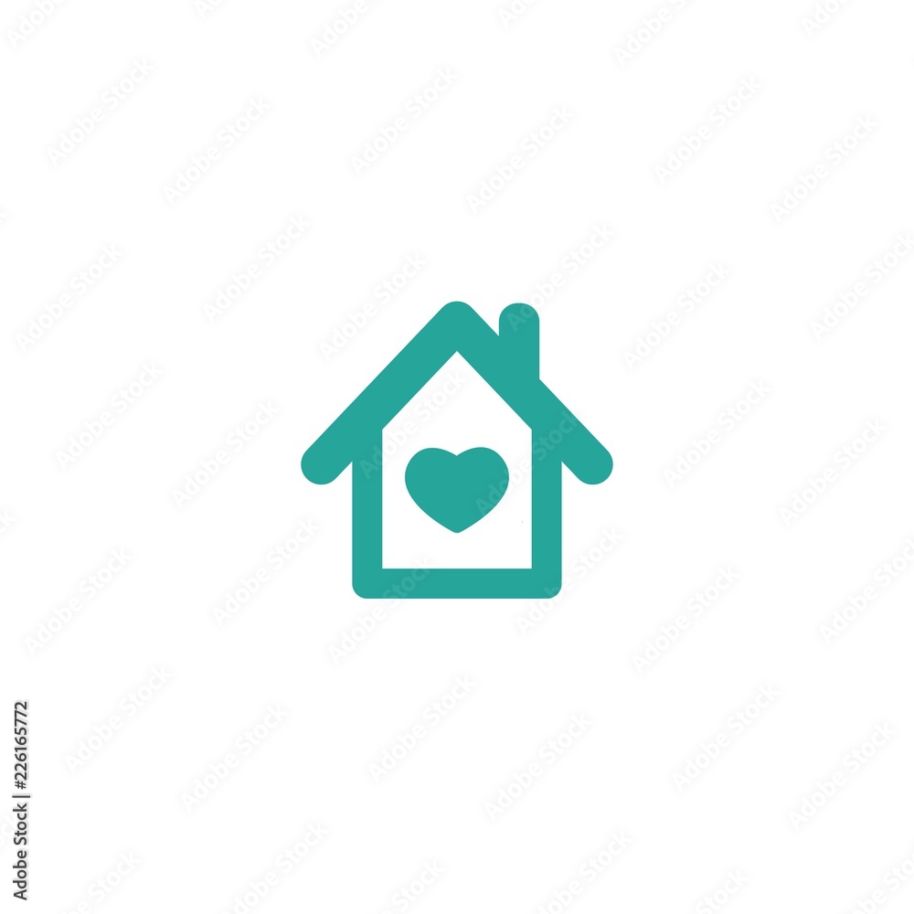 Obraz premium Flat blue home with white heart. Simple silhouette of the house with big roof and chimney. Icon isolated