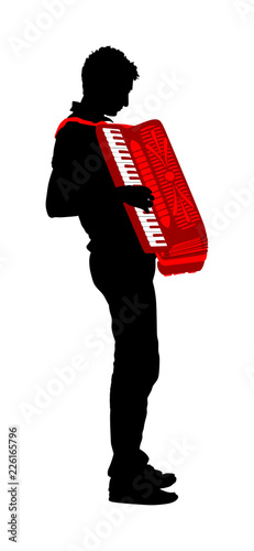 Musician accordion man vector silhouette Illustration isolated on white background. Music event on the public. Street performer amusement public.  Music artist. Jazz man. 
