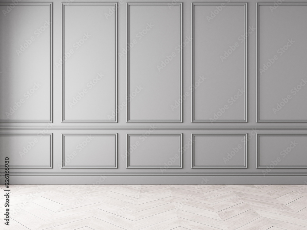 Modern classic gray empty interior with wall panels and wooden floor ...
