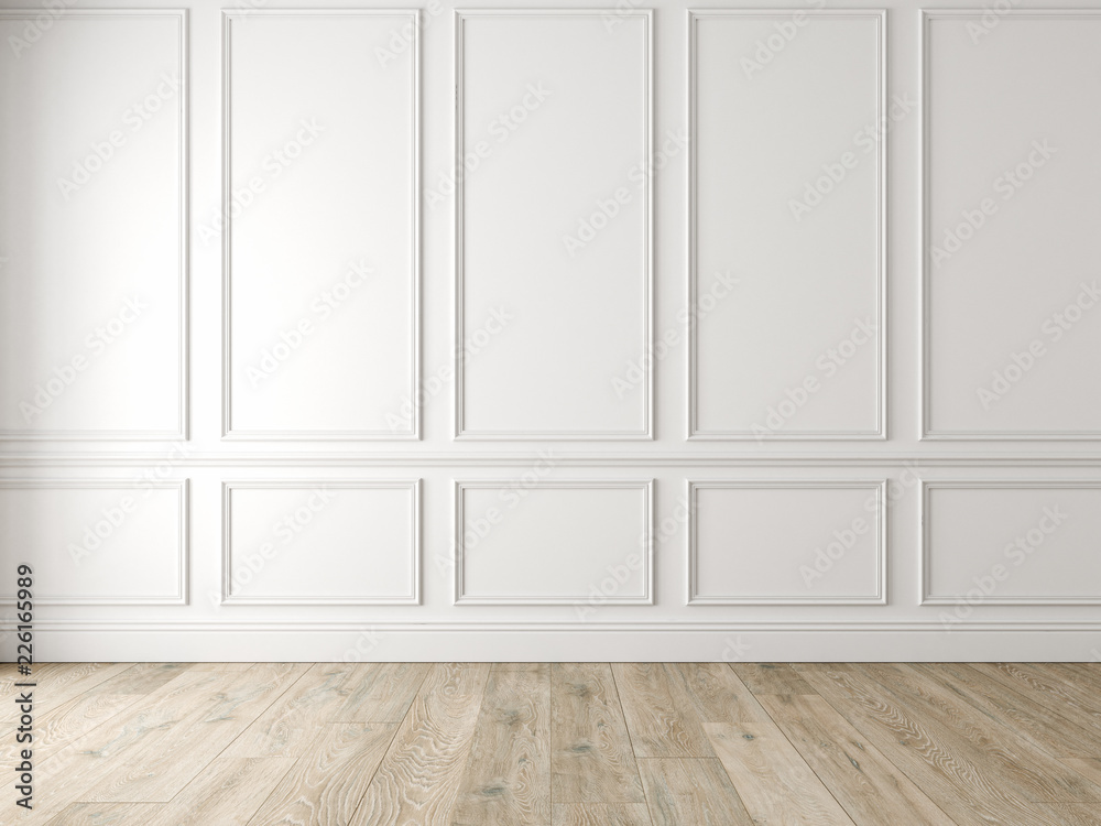 Modern classic white empty interior with wall panels and wooden floor