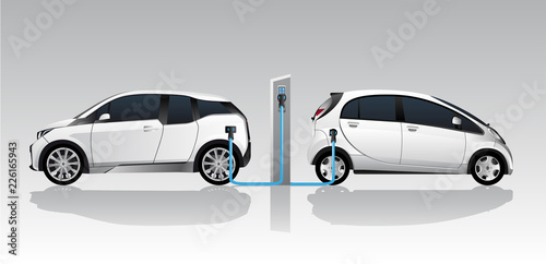 Two white electric cars with charging station. Vector illustration EPS 10
