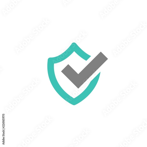 Blue shield with orange tick sign. Vector flat icon isolated on white. security sign.