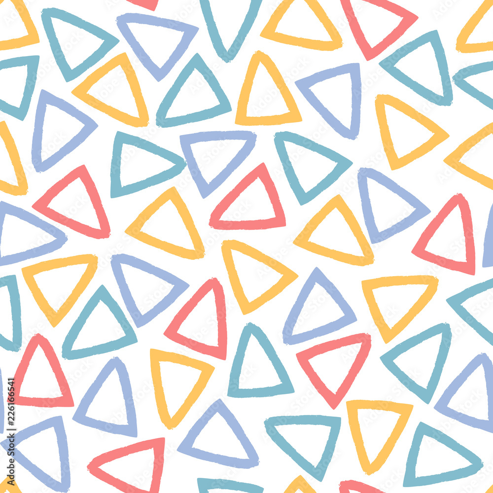 Seamless baby pattern with colourful triangles. Hand drawn.