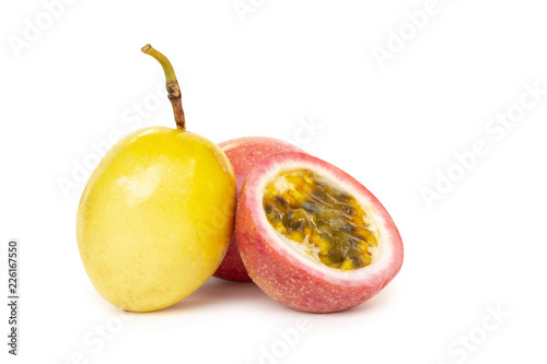 Closeup passion fruit slice isolated on white background