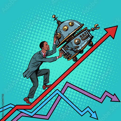 Robotization and technical revolution concept. Businessman pushe