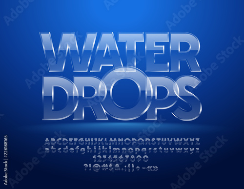 Vector Iced Water Drops text with 3D Font. Glass Alphabet Letters, Numbers and Symbols