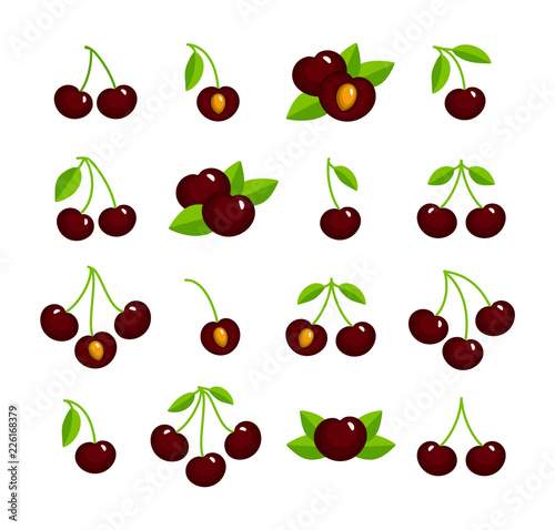 Colorful vector illustration of black cherry with stem & leaves. Flat icon set of organic fresh berry. Vegan & vegetarian food. Health eating fruit ingredients. Isolated on white background.