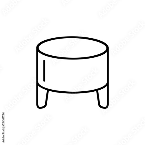 Black & white vector illustration of round leather ottoman, pouf. Line icon of accent stool or chair. Modern upholstered seat. Living room, bedroom & patio furniture. Isolated on white background.