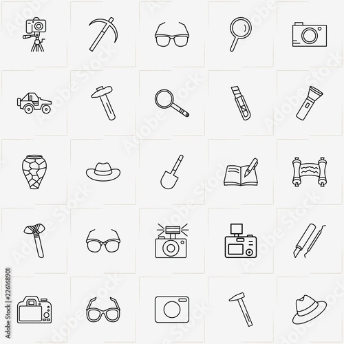 Archeology line icon set with magnifier, car and scythe
