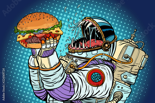 Astronaut monster eats burger. Greed and hunger of mankind conce