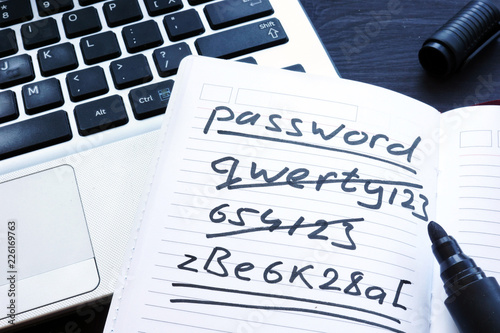 Strong and weak easy Password. Note pad and laptop.