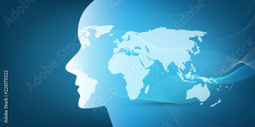 Machine Learning, Artificial Intelligence, Cloud Computing, Global Automated Support Assistance and Networks Design Concept with World Map, Wavy Pattern and Human Head