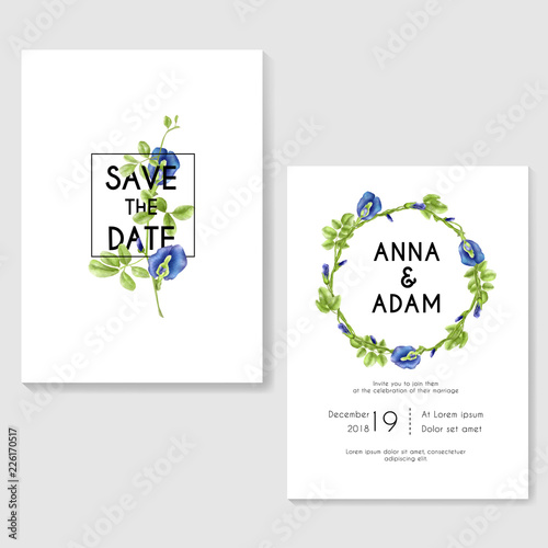 wedding invitation with butterfly pea flower watercolor