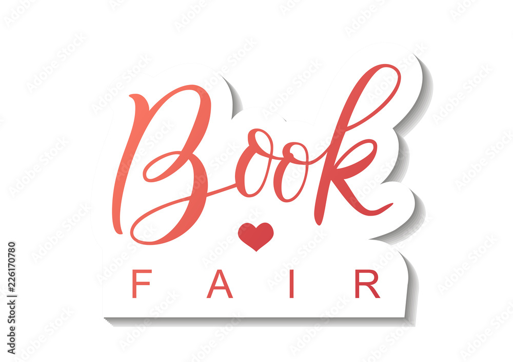Modern calligraphy lettering of Book Fair in red with outlines in paper cut style with shadow on white background for banner, poster, advertising, book festival, sale, book store, shop, invitation Modern calligraphy lettering of Book Fair in red with outlines in paper cut style with shadow on white background for banner, poster, advertising, book festival, sale, book store, shop, invitation