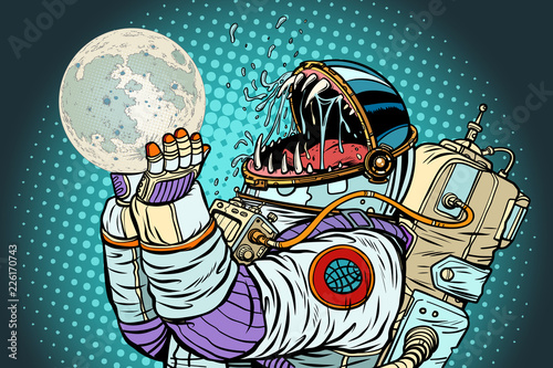 Astronaut monster eats Moon. Greed and hunger of mankind concept