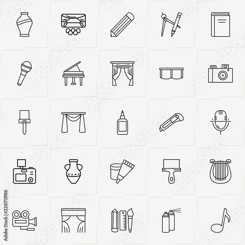 Art line icon set with photo camera, tube and glue