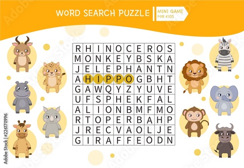 Educational game for kids. Word search puzzle with cute african animals. Kids activity sheet, 